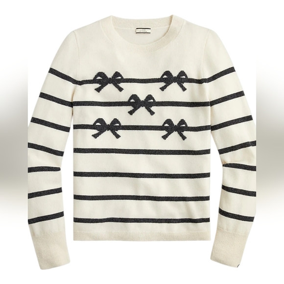 J. Crew Sweaters - J. Crew Cashmere Crewneck Sweater with Bow Ties Stripes Cream and Grey Preppy Gi
